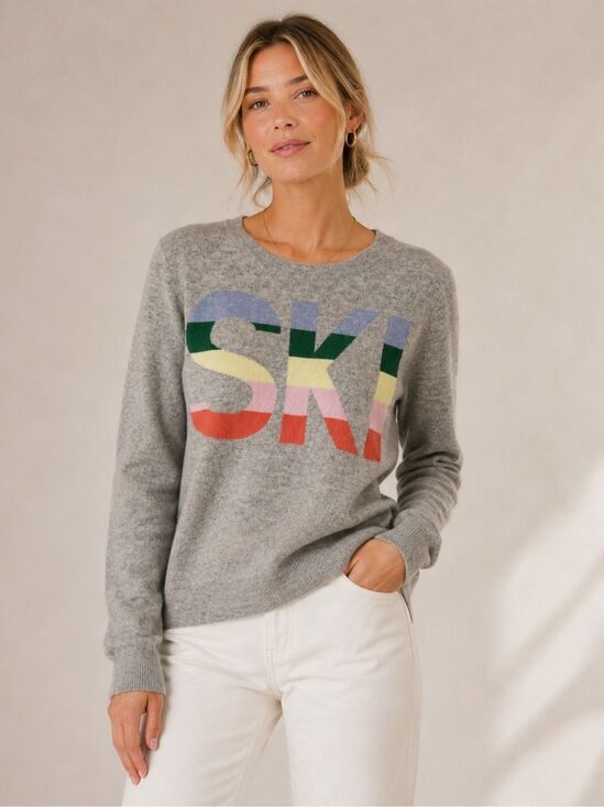 Pink Pineapple Sweaters - Pink Pineapple 100% Cashmere SKI Word Graphic Sweater Size Small Gray Luxury